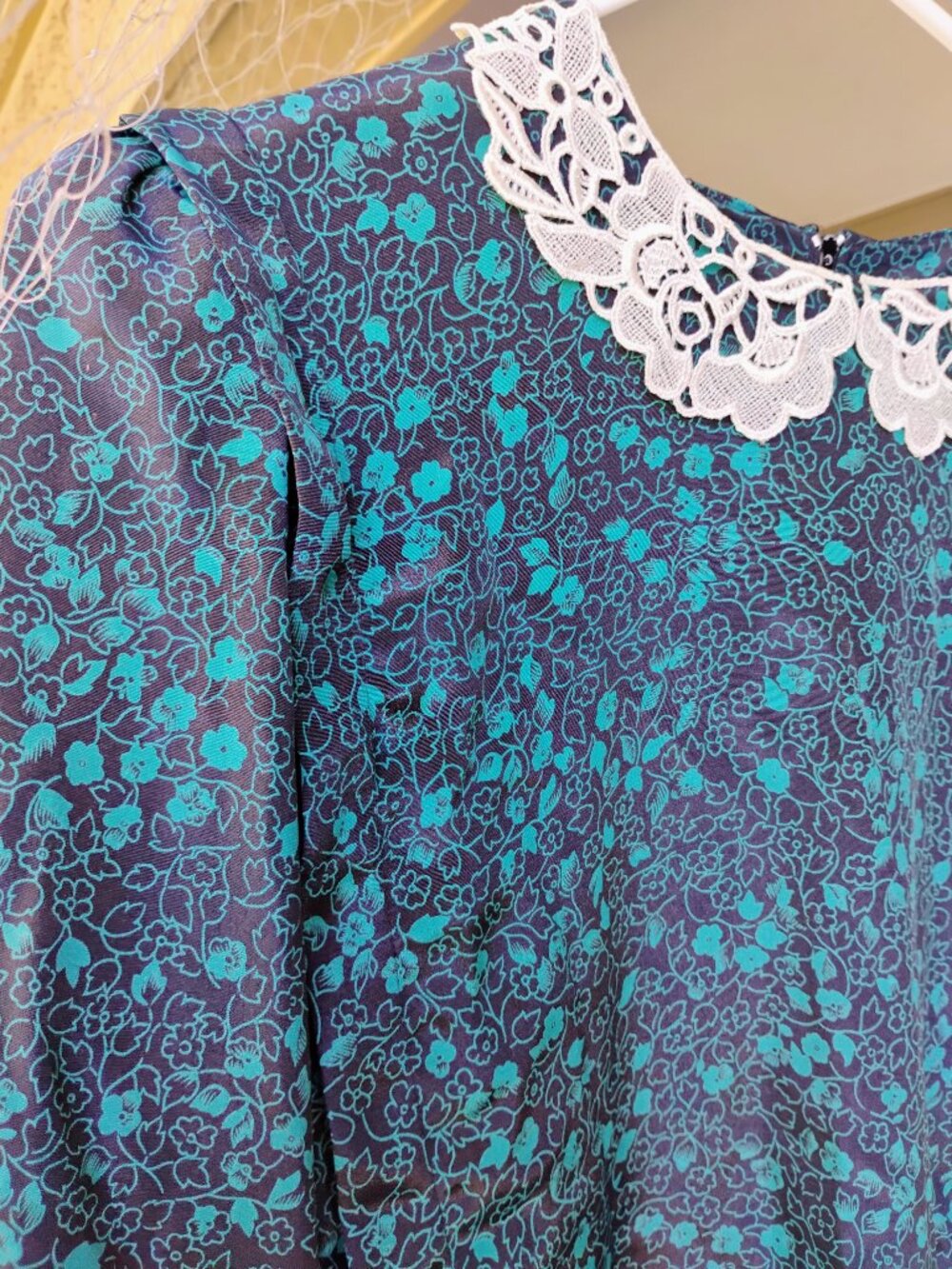 Vintage 1980s Green & Black Puff Sleeve Floral Pleated Dress Cottagecore Plus 18 - Picture 6 of 12